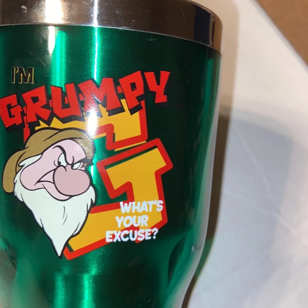 Green Grumpy coffee tumbler in perfect condition!